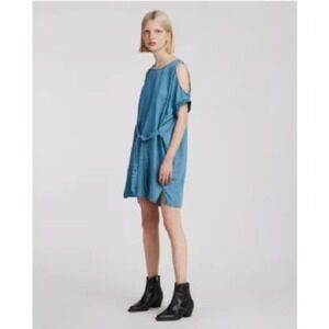 AllSaints Womens Blue Denim Cold Shoulder Mini Dress Light‎ Wash Size Small S